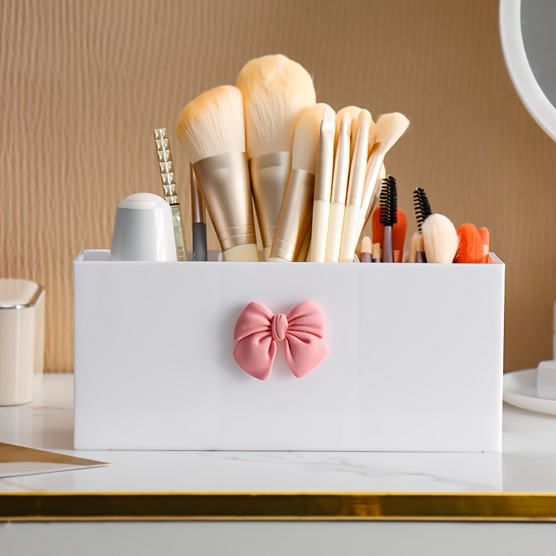 1pc, 3-compartment makeup brush storage box, eyebrow pencil and lipstick storage rack, small display box, suitable for bathroom, bedroom, pink bow, black home storage box