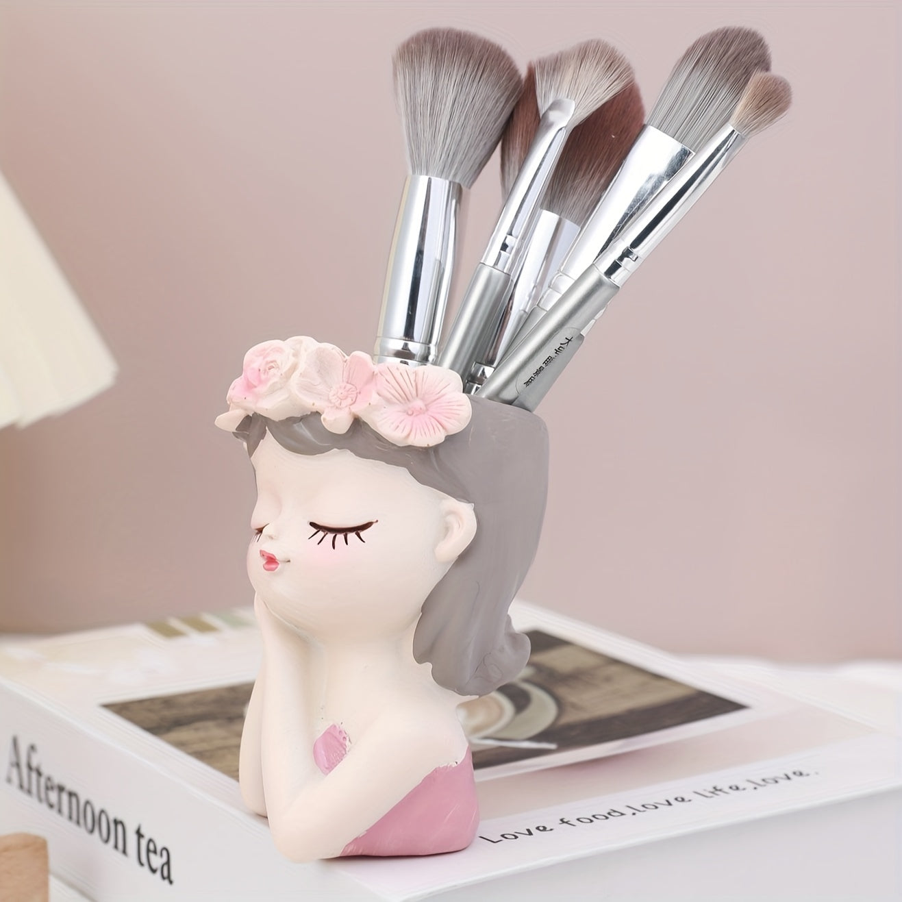 [Dustproof Makeup Holder] 1pc Dustproof Fairy Maiden Design Rotating Makeup Brush Holder | Cylinder Storage for Eyebrow Pencils and Brushes, Ideal for Dressing Table - Can Also Be Used as Pen Holder or Vase