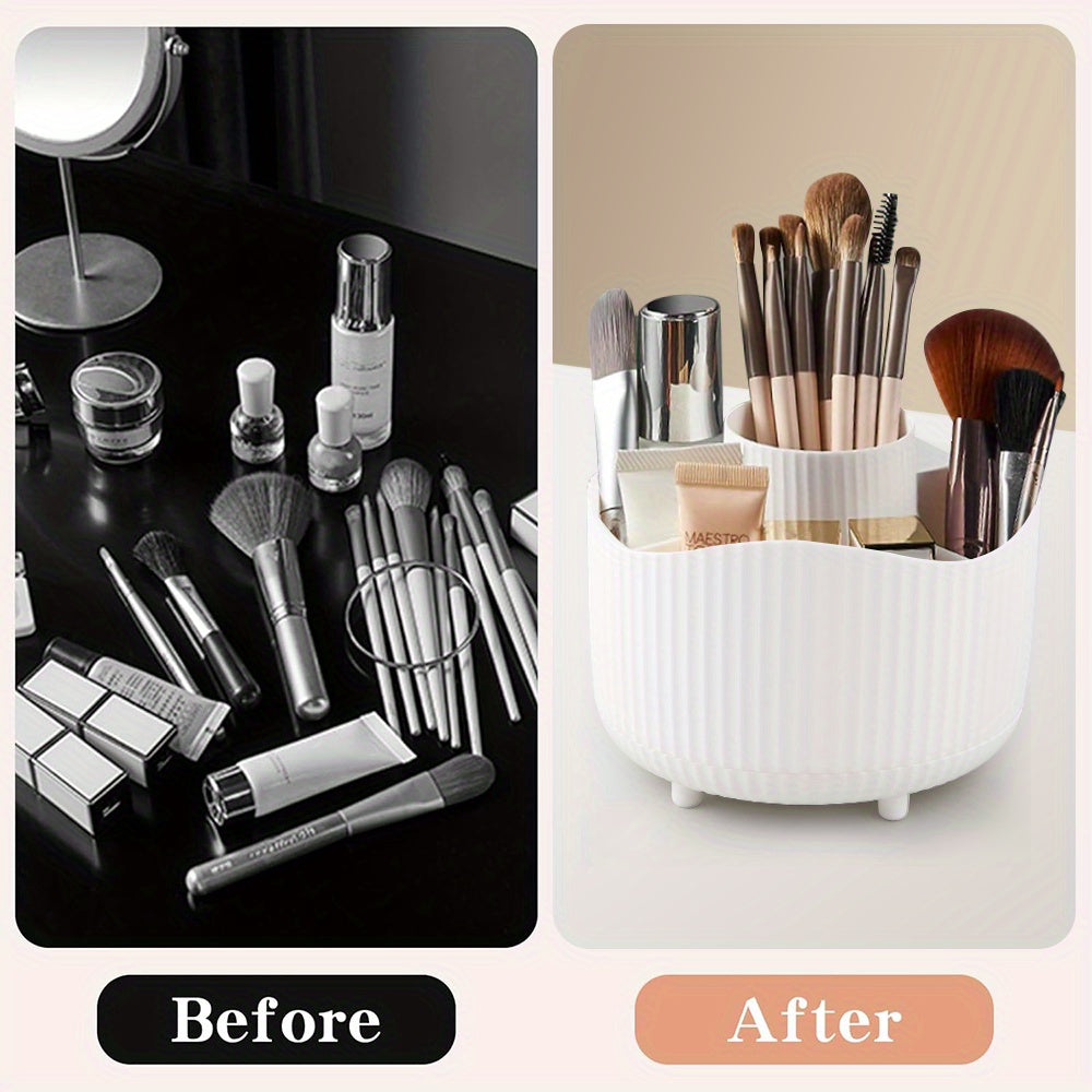 360° Rotating Cosmetic Organizer - Large Capacity Makeup Storage Case with Multiple Compartments for Brushes, Eyebrow Pencils, Eyeshadow & Stationery - Durable Plastic, Ideal for Home & School Use, 9pcs Style Options, Makeup Vanity Desk, Sleek Design,