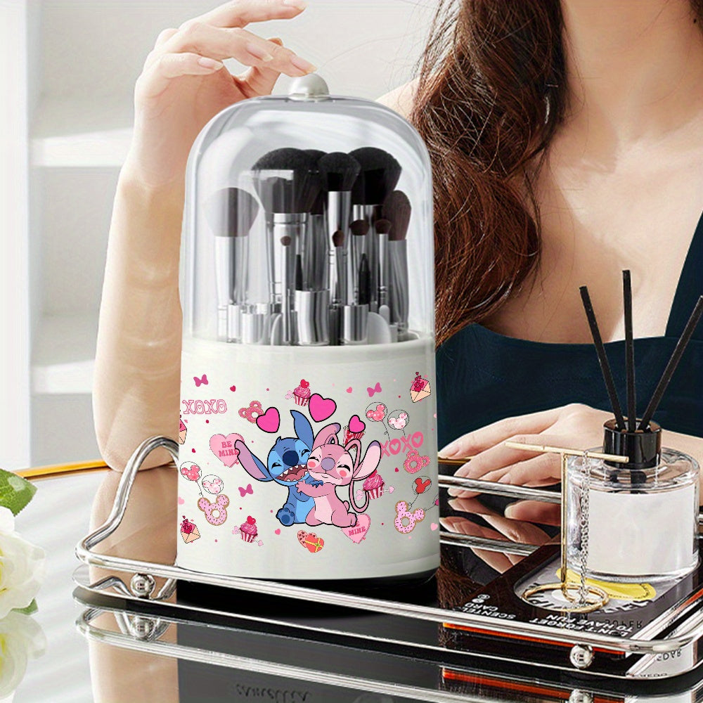 [1pc Rotating Makeup Box] 1pc Rotating Dust-Proof Stitch & Lilo Cosmetic Storage Box | Pink Cupcake & Hearts Design, Clear Viewing Lid, Ideal for Dressing Table or Desktop, Makeup Brushes