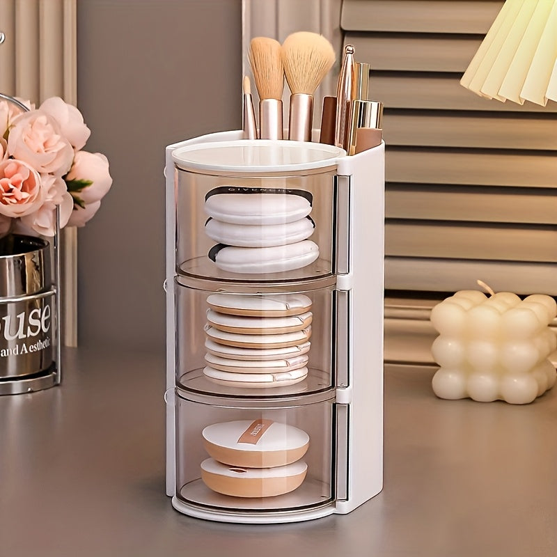 2/3-Tier Makeup Organizer with Brush Holder, Dustproof White/Pink Powder Puffs Storage Box,Compact Dsktop Cushions Holder Container with Brushes Case,Hair Clip & Jewelry Storage Drawel Bin,Perfect for Vanity Table,Bathroom