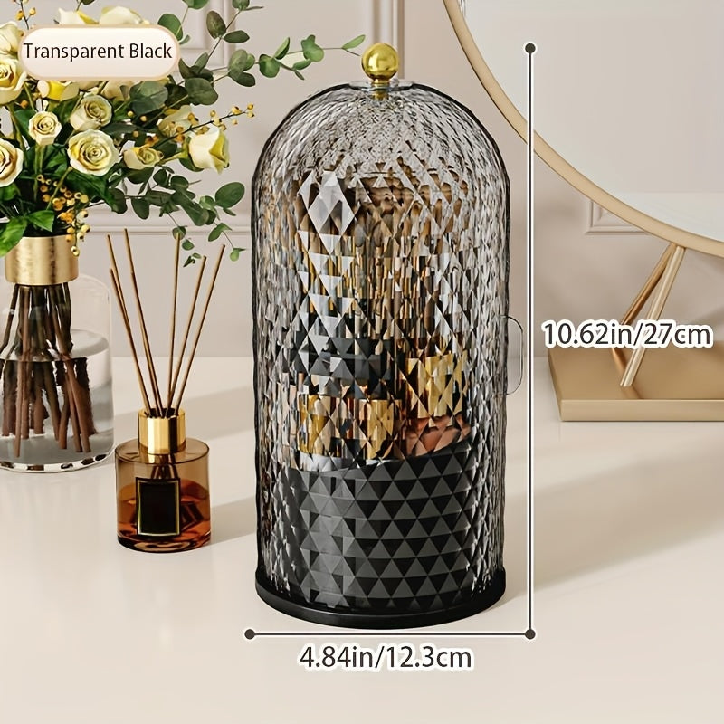 [1pc Rotating Makeup Organizer] 1pc Rotating Makeup Organizer with Cover | Waterproof, Dustproof Plastic Cosmetic Storage Box, Diamond Pattern Design | Ideal for Brushes, Skincare Products, Office Supplies, Fragrance-Free, Skincare Product Storage