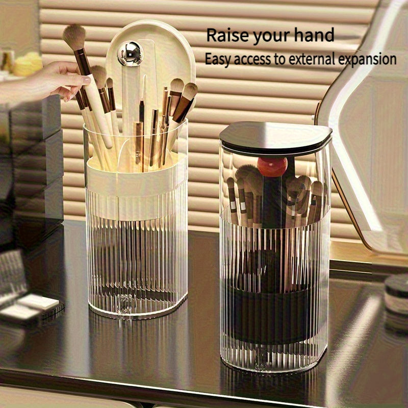 Portable Makeup Brush Organizer with Press & Dustproof Design, Automatic Up & Down Eyelash Brush Holder, Compact Plastic Desktop Makeup Storage Box for Eyeliner & Brushes, No Assembly Required