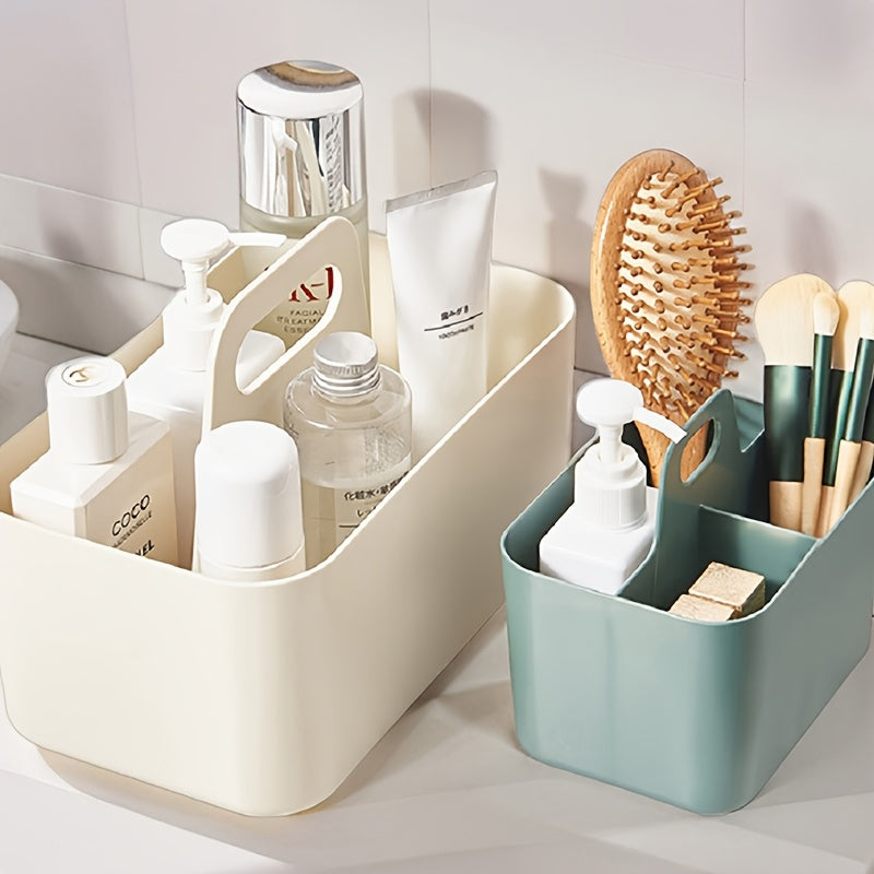 Portable Cosmetic Organizer with Handle - Beige or Teal - Lightweight Bathroom Storage Box, Open-Top Design for Vanity, Makeup, Kitchen, Desk - Durable Plastic Construction - Space-Saving Organizer Basket, Bathroom Organizers And Storage, Kitchen