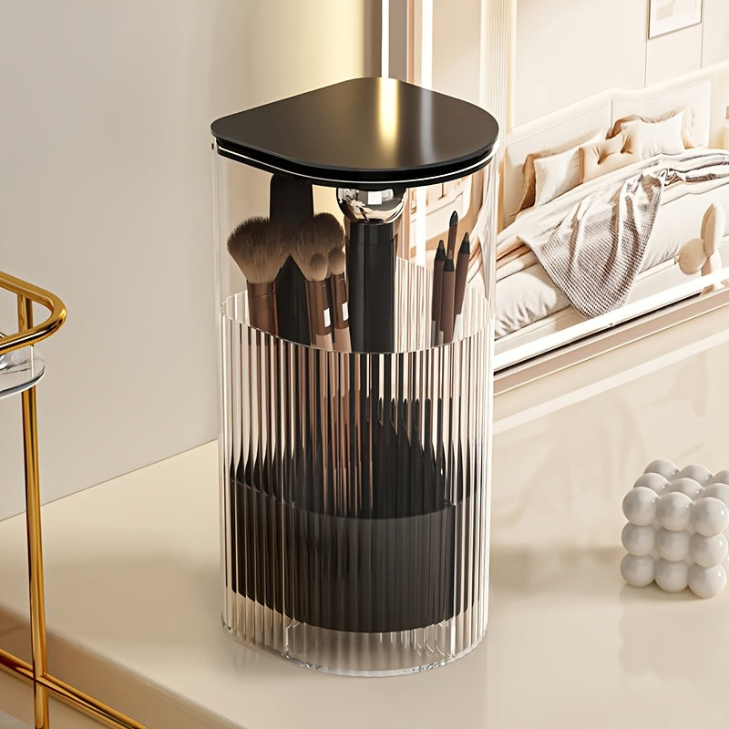 Portable Makeup Brush Organizer with Press & Dustproof Design, Automatic Up & Down Eyelash Brush Holder, Compact Plastic Desktop Makeup Storage Box for Eyeliner & Brushes, No Assembly Required