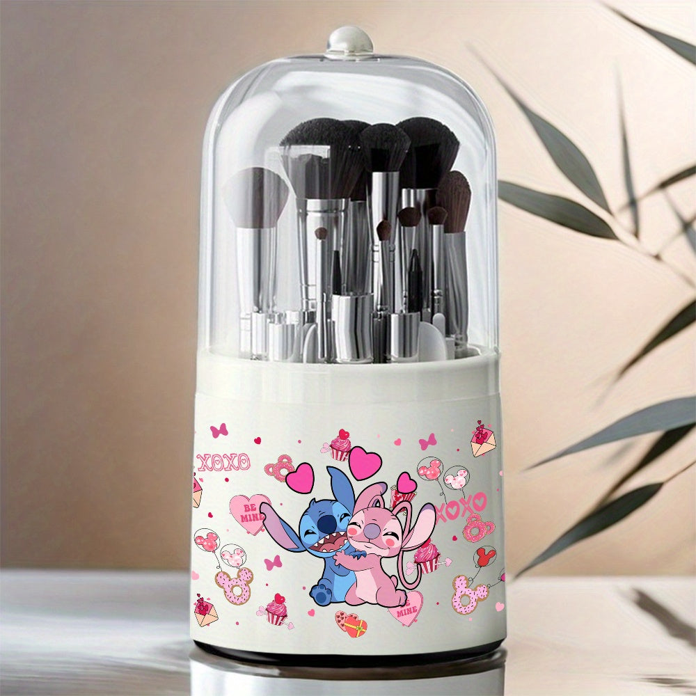 [1pc Rotating Makeup Box] 1pc Rotating Dust-Proof Stitch & Lilo Cosmetic Storage Box | Pink Cupcake & Hearts Design, Clear Viewing Lid, Ideal for Dressing Table or Desktop, Makeup Brushes