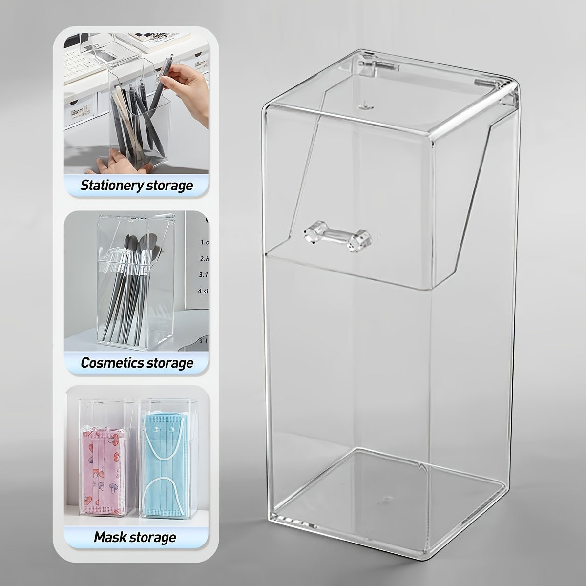 [Dustproof Storage] 1pc Minimalist Desktop Storage Container with Lid | Dustproof Makeup Organizer & Stationery Holder