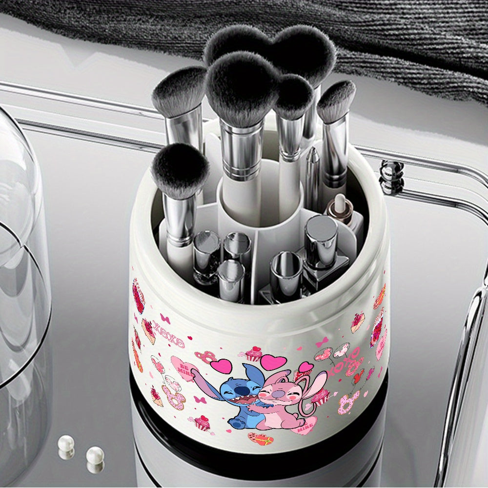 [1pc Rotating Makeup Box] 1pc Rotating Dust-Proof Stitch & Lilo Cosmetic Storage Box | Pink Cupcake & Hearts Design, Clear Viewing Lid, Ideal for Dressing Table or Desktop, Makeup Brushes
