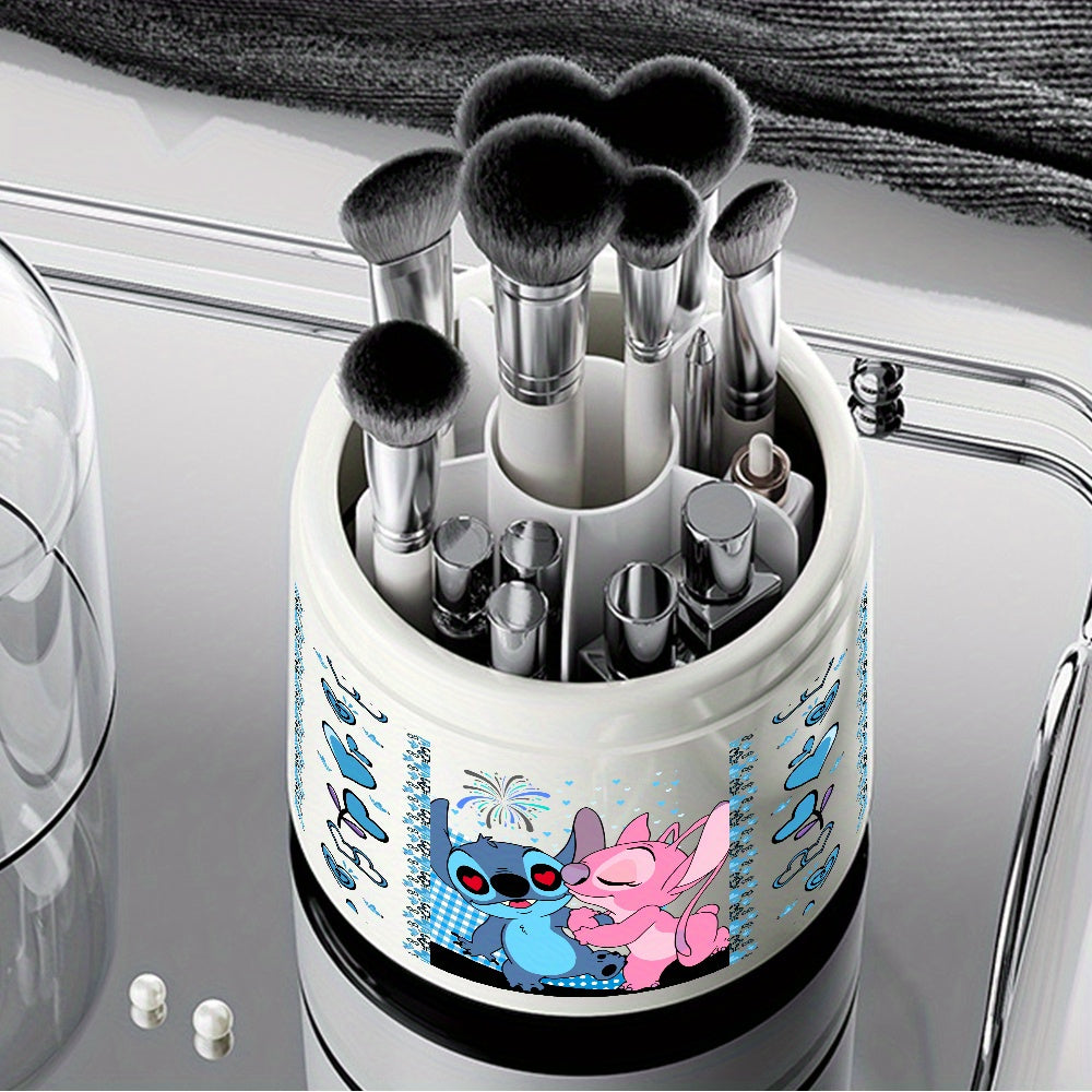 1pc Stitch & Lilo Themed Rotating Makeup Brush Organizer - Large Capacity Plastic Storage Box with 360-Degree Rotation, Ideal for Cosmetics, Stationery, and Desk Organization, Holiday Gift Idea, Desk Organization | Playful Design | Durable Plastic, Stitch
