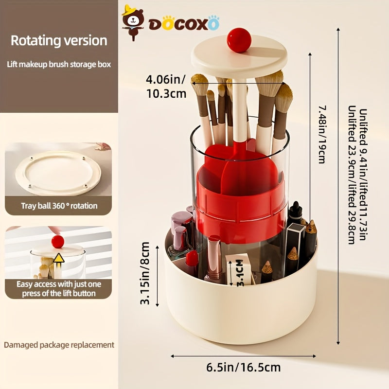 DOCOXO 360° Rotating Makeup Brush Holder - Automatic Lift & Spin, Dustproof Countertop Organizer, Lightweight Plastic Cosmetic Storage Box, No Power Needed, Portable Bathroom Vanity Organizer with Independent Counting, Makeup Vanity Desk, Playful Design,