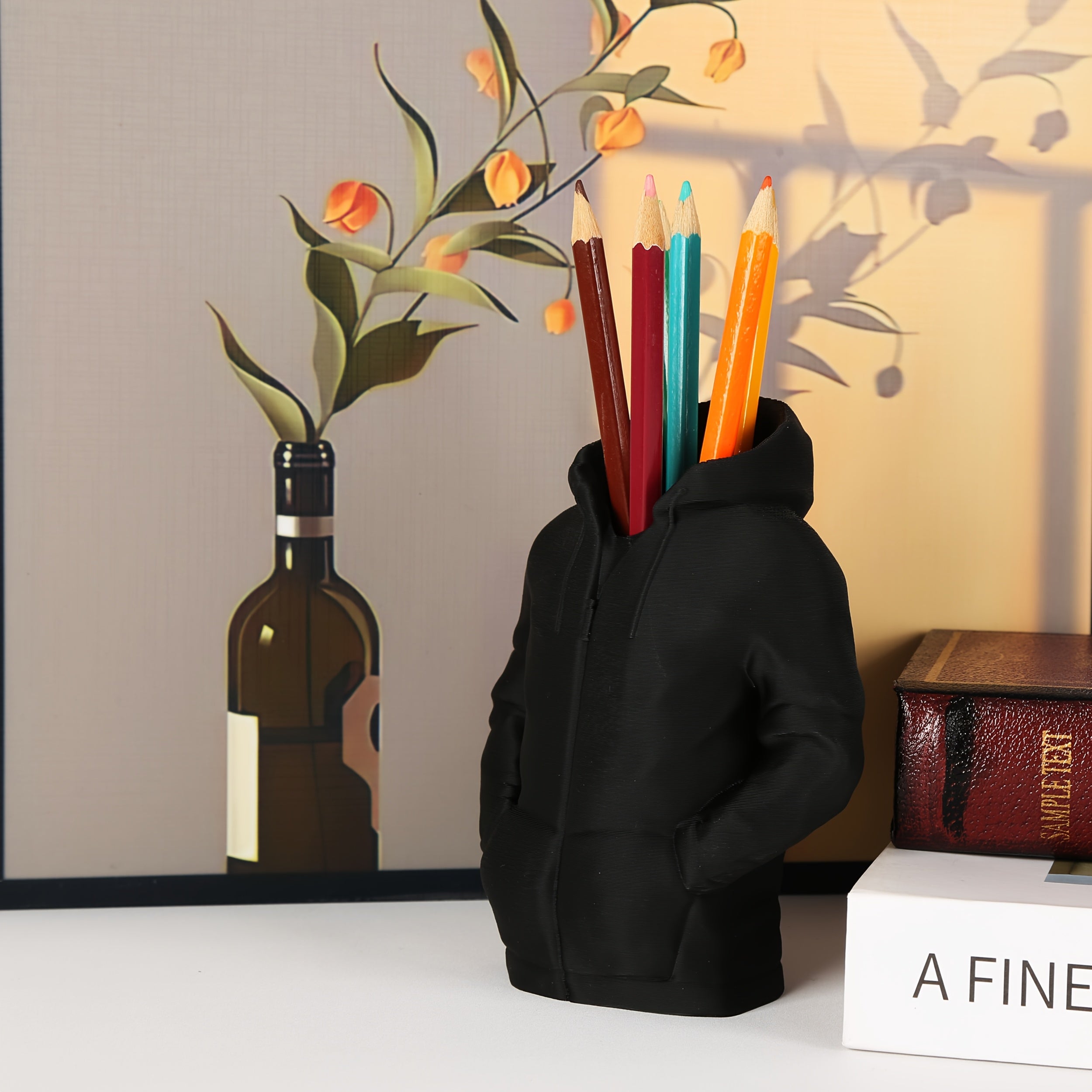 1pc Creative Hoodie-Shaped Pen & Makeup Brush Organizer - Black Durable Plastic Desktop Storage with Adjustable Hood, Decorative Desk Accessory for Home Office, Coffee Table, Dressing Table, Cute Office Supplies, Playful Design, Sturdy Construction,