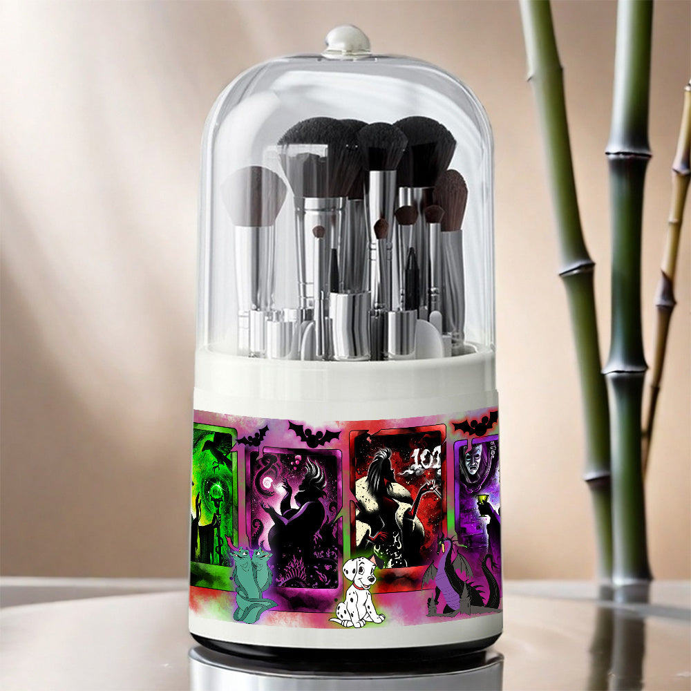 1pc Disney Fairy Tale Villains Cosmetic Storage Box - 360° Rotating Dust-Proof Makeup Organizer with Maleficent, Cruella & Jafar Art, Plastic Desktop Brush Holder for Vanity, Bathroom Counter, Dressing Table, Villainthemed Design, Clear Rotating Mechanism