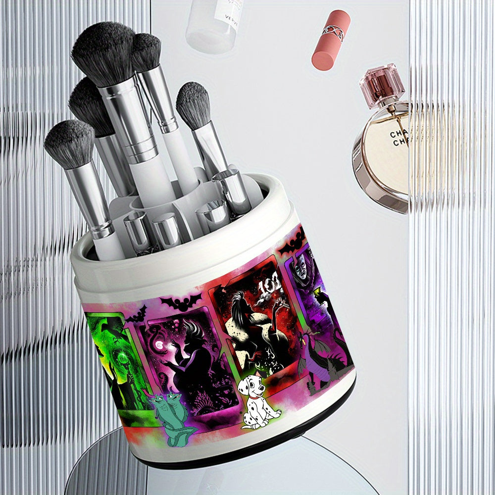 1pc Disney Fairy Tale Villains Cosmetic Storage Box - 360° Rotating Dust-Proof Makeup Organizer with Maleficent, Cruella & Jafar Art, Plastic Desktop Brush Holder for Vanity, Bathroom Counter, Dressing Table, Villainthemed Design, Clear Rotating Mechanism