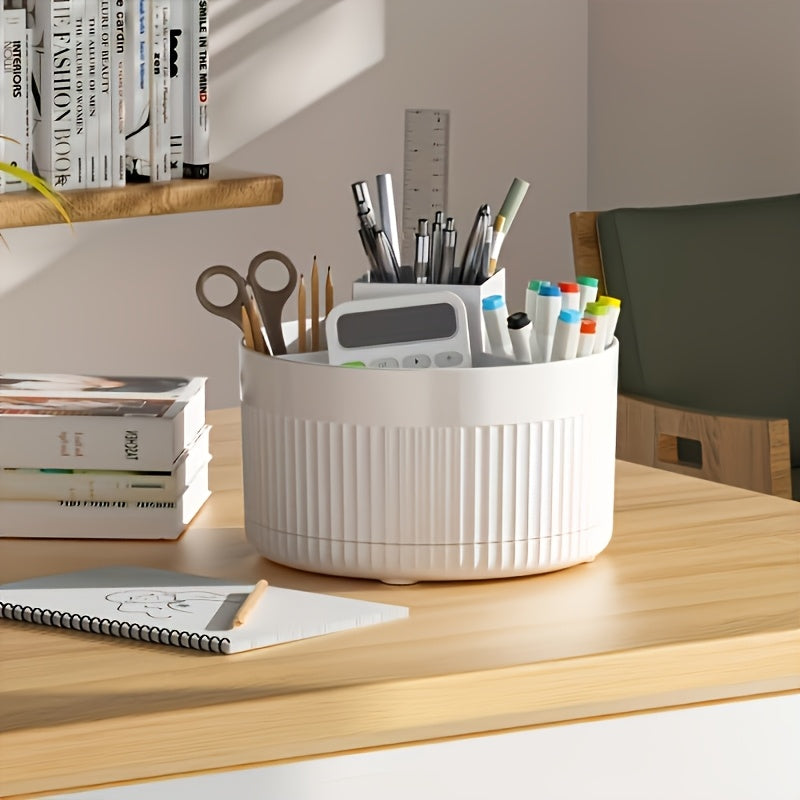 360-Degree Rotating Makeup Organizer - Large Capacity, Durable ABS Plastic Cosmetic Storage Box with Brush Holder, White, Ideal for Bedroom, Vanity, and Bathroom Organization, Bathroom Organizers And Storage
