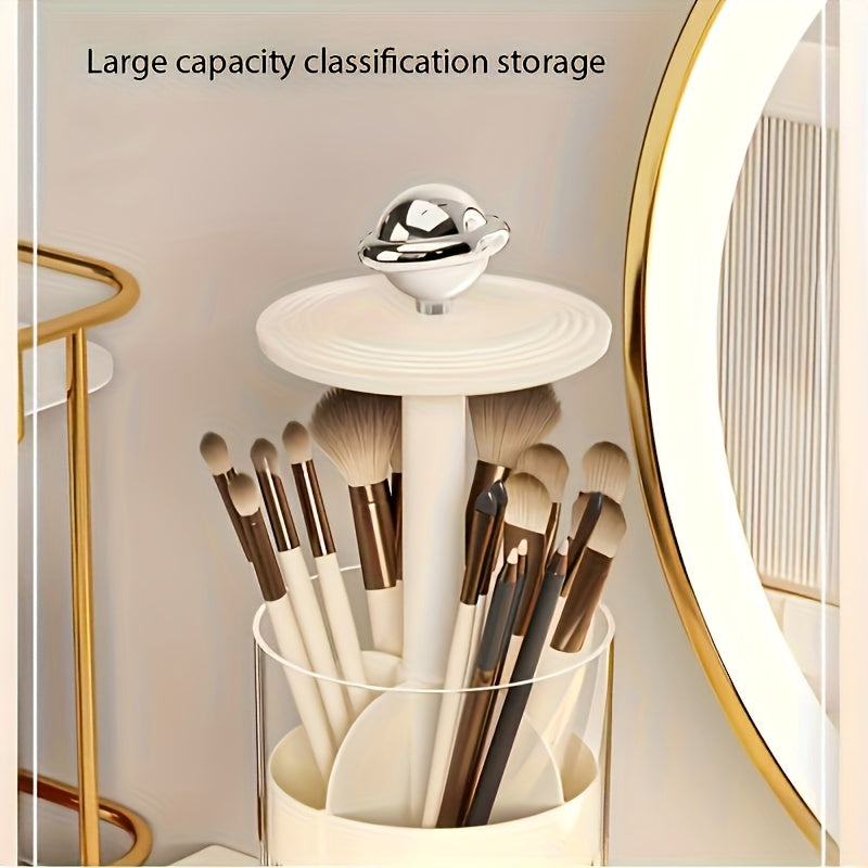 [Makeup Brush Holder] Transparent Press-to-Lift Makeup Brush Holder - Suitable for 5 Family Members - Dustproof Vanity Cosmetic Storage Box - Automatic Lifting Eyebrow Pencil and Brush Bucket - High-End Organizer - Advanced Texture Desktop Press-to-Lift