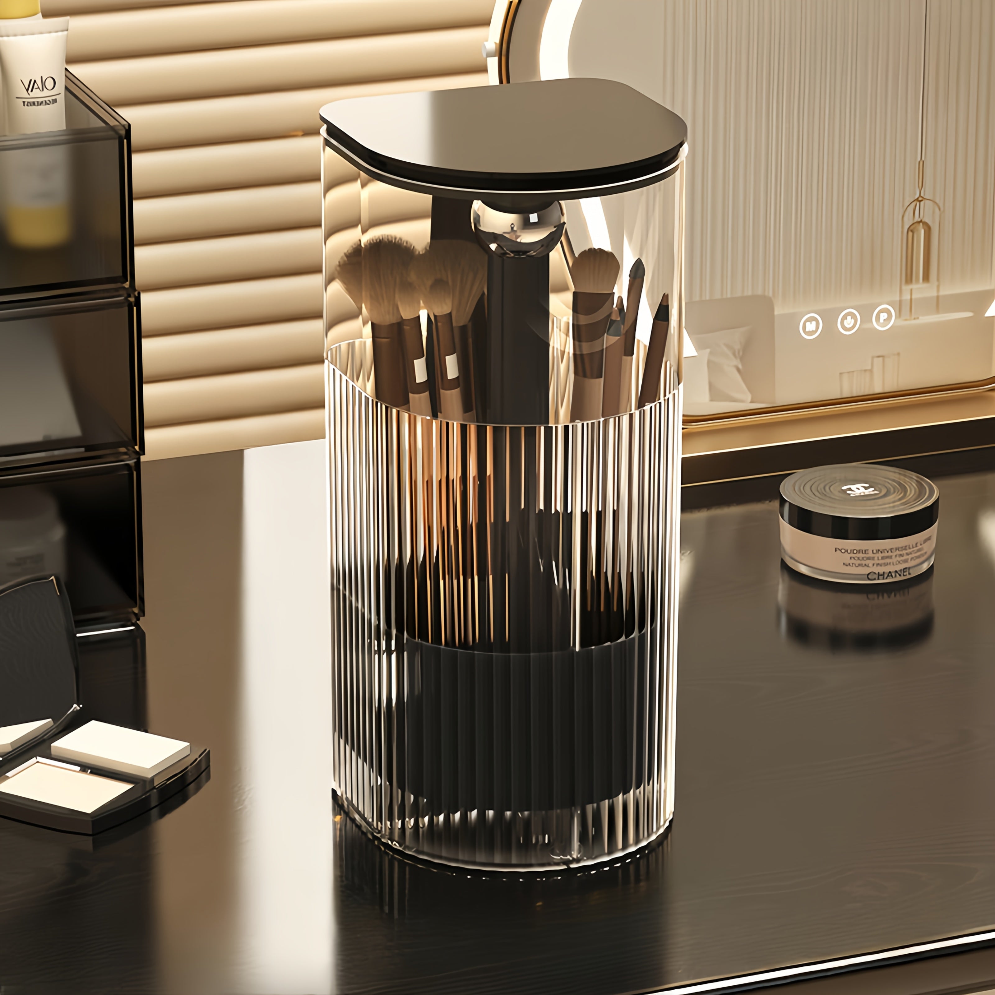 1pc, Makeup Brush Storage Tube, Push-To-Dust, High-End Dressing Table, Eyebrow Pencil, Powder Brush Rack, Automatic Lifting Brush Bucket.