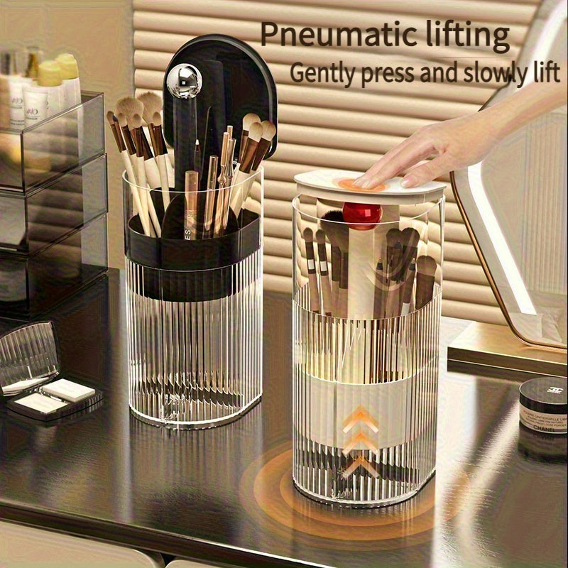 Portable Makeup Brush Organizer with Press & Dustproof Design, Automatic Up & Down Eyelash Brush Holder, Compact Plastic Desktop Makeup Storage Box for Eyeliner & Brushes, No Assembly Required
