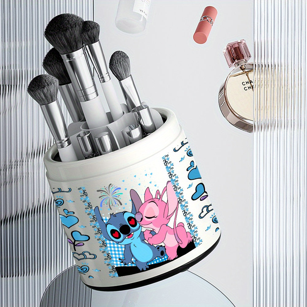 1pc Stitch & Lilo Themed Rotating Makeup Brush Organizer - Large Capacity Plastic Storage Box with 360-Degree Rotation, Ideal for Cosmetics, Stationery, and Desk Organization, Holiday Gift Idea, Desk Organization | Playful Design | Durable Plastic, Stitch