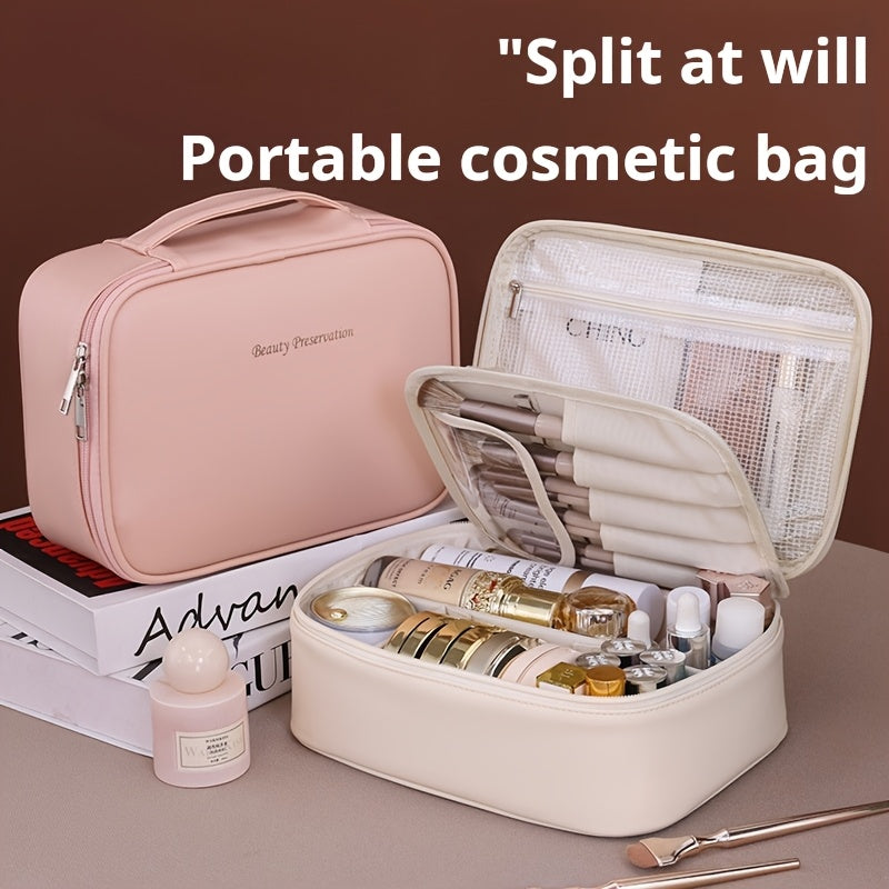 Large-Capacity Multi-Tier Cosmetic Organizer Case with Detachable Brush Storage - Synthetic Leather-like Texture Makeup Bag with Golden-Tone Hardware, Beige & Black Travel Beauty Storage Box with Multiple Compartments & Top Opening - Unisex Portable