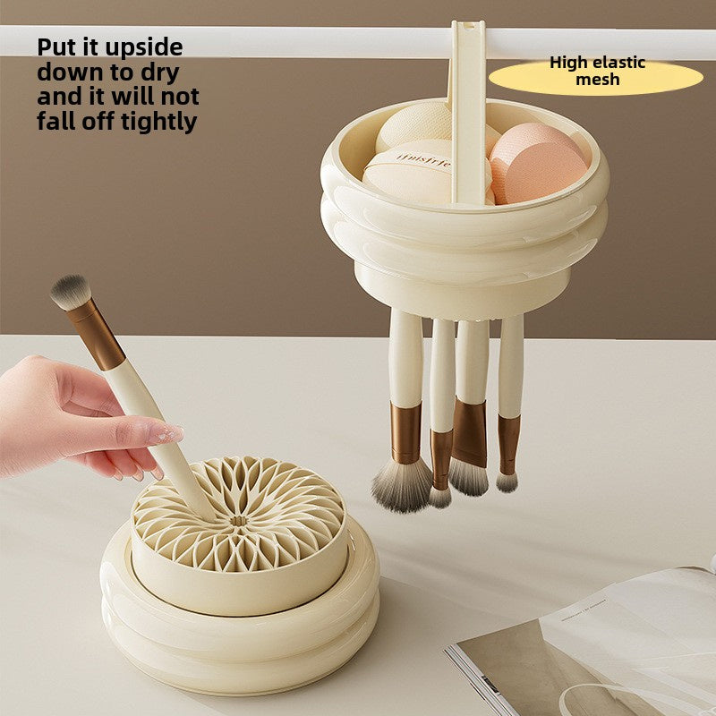 360° Rotating Dustproof Makeup Brush Organizer with Lid – Transparent Plastic Cosmetic Storage Box, Lightweight & Portable for Home or Travel, Beige Handle Design