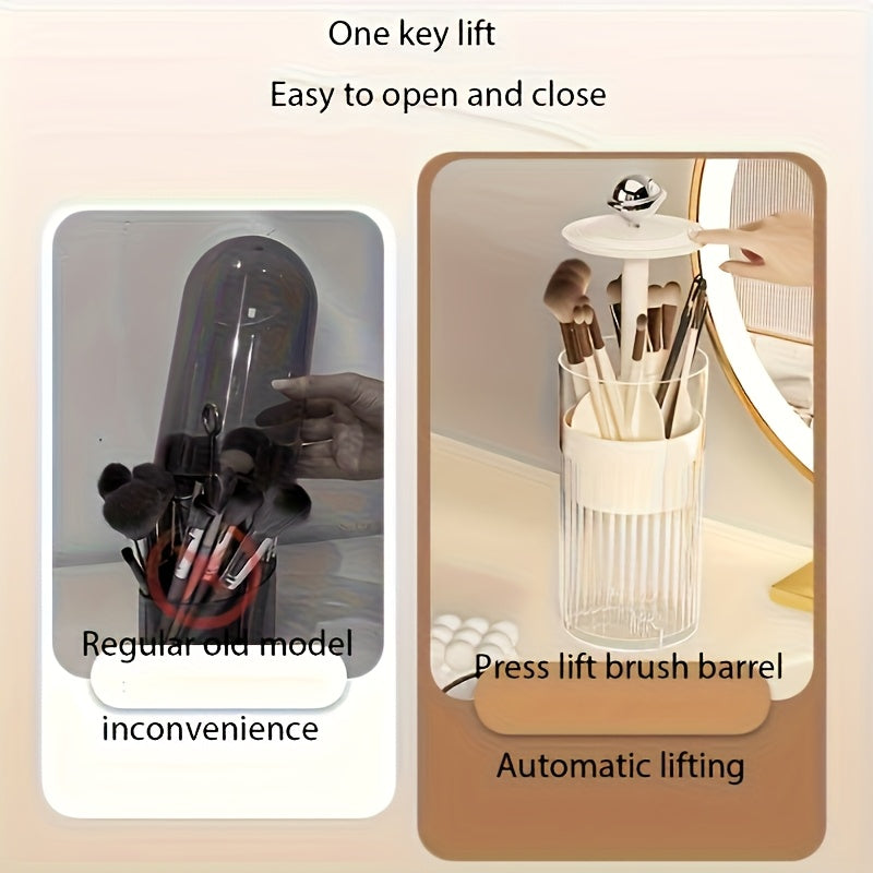 [Makeup Brush Holder] Transparent Press-to-Lift Makeup Brush Holder - Suitable for 5 Family Members - Dustproof Vanity Cosmetic Storage Box - Automatic Lifting Eyebrow Pencil and Brush Bucket - High-End Organizer - Advanced Texture Desktop Press-to-Lift