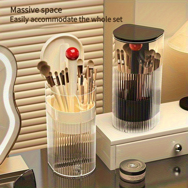 Portable Makeup Brush Organizer with Press & Dustproof Design, Automatic Up & Down Eyelash Brush Holder, Compact Plastic Desktop Makeup Storage Box for Eyeliner & Brushes, No Assembly Required