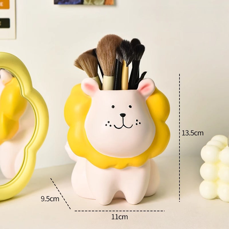 1pc Cute Lion Makeup Brush Organizer with Brush Holder - Makeup Vanity Decor, Desk Organizer, Cute Lion Face Cosmetic Storage for Women, Girls, Home or Salon Decoration - Lightweight Decoration, Playful Design, Unfinished Texture, Sturdy Construction,