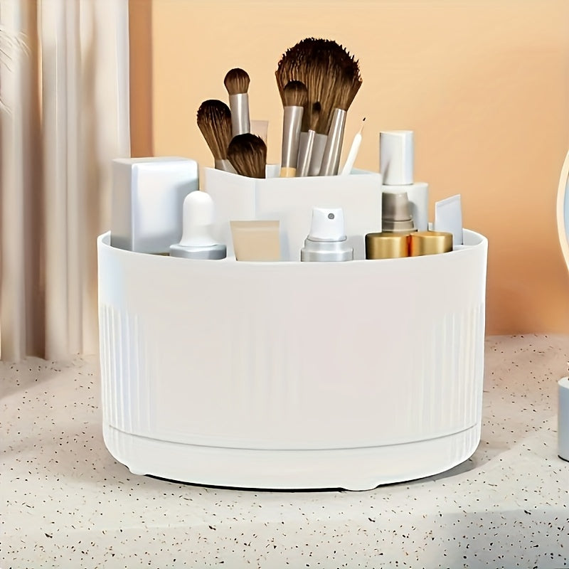 360-Degree Rotating Makeup Organizer - Large Capacity, Durable ABS Plastic Cosmetic Storage Box with Brush Holder, White, Ideal for Bedroom, Vanity, and Bathroom Organization, Bathroom Organizers And Storage