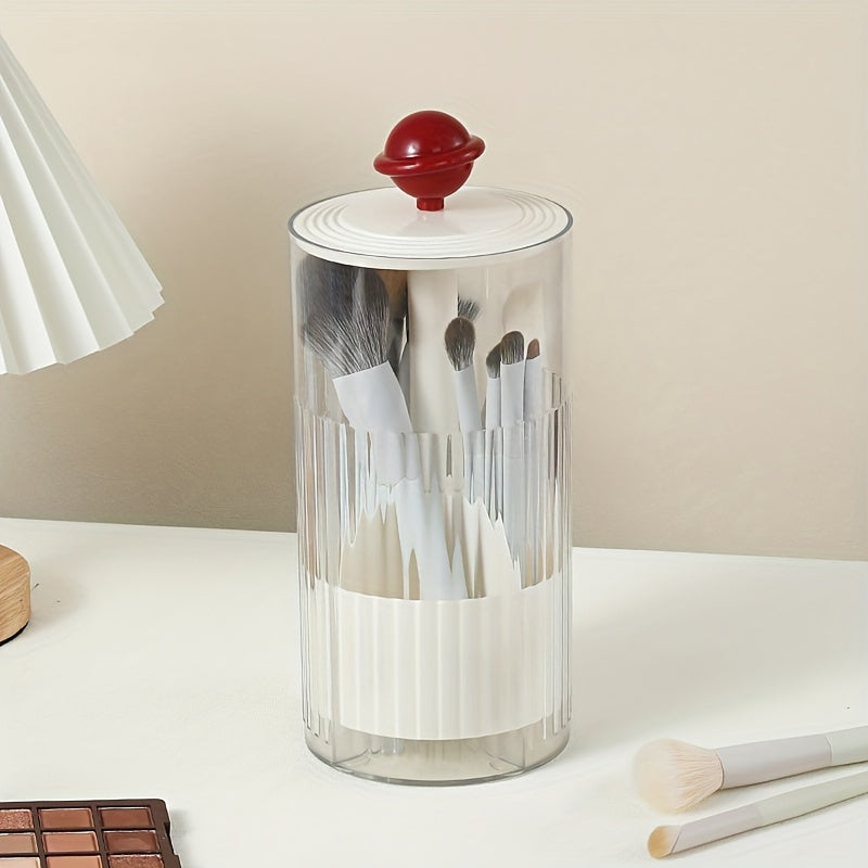 Automatic Raising Makeup Brush Organizer with Lid, Transparent Waterproof & Dustproof Storage Holder for Vanity, Bathroom - No Brush Hair Clogging (Random Color), Makeup Storage Solution|Modern Aesthetic Organizer|Durable Plastic Material, Makeup