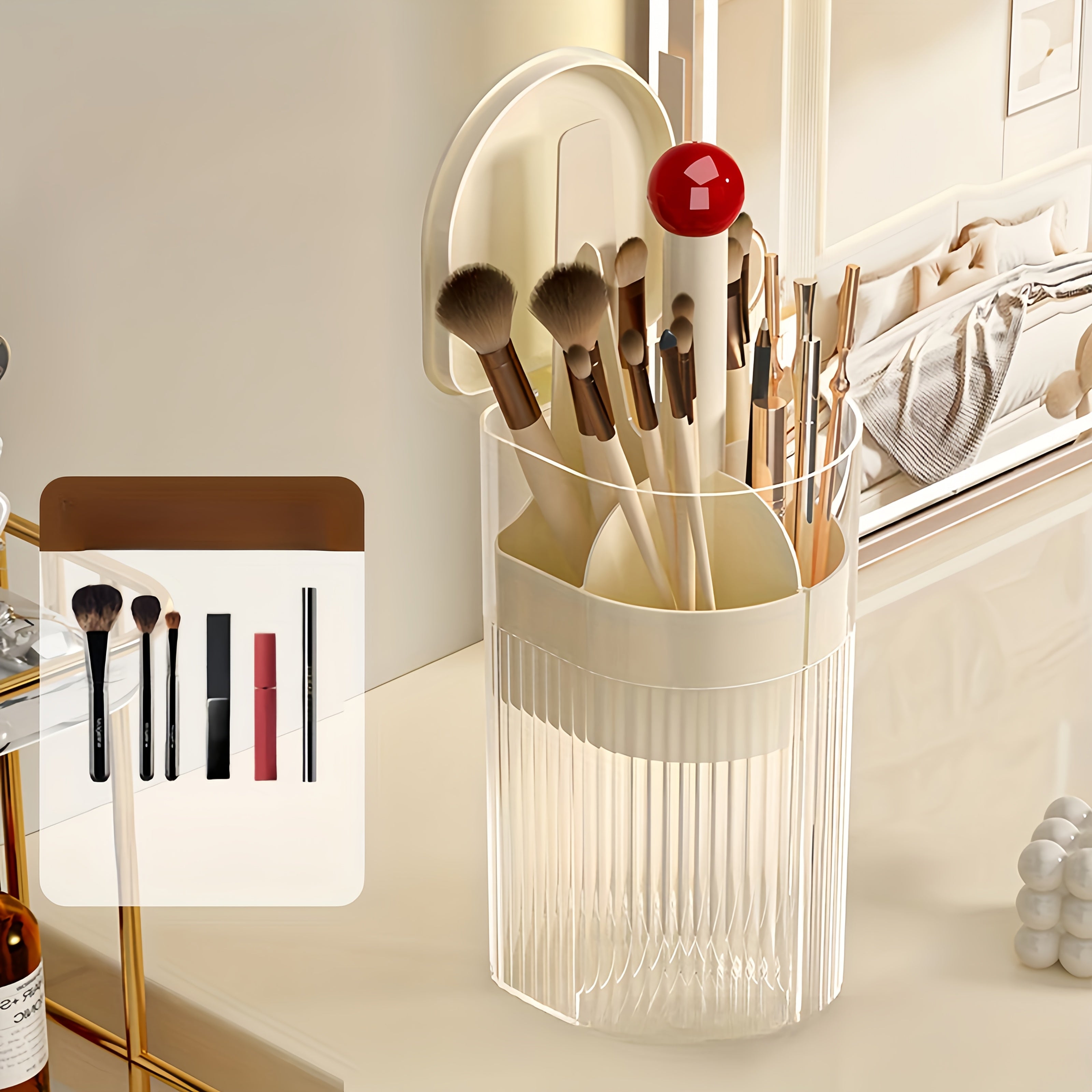 1pc, Makeup Brush Storage Tube, Push-To-Dust, High-End Dressing Table, Eyebrow Pencil, Powder Brush Rack, Automatic Lifting Brush Bucket.