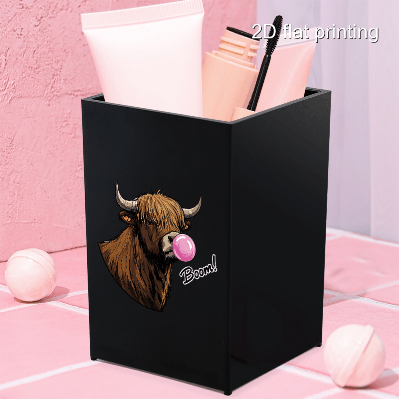1pc Cute Bubble Gum Cow Design Makeup Brush Holder - Portable, Dustproof Cosmetic Organizer for Brushes & Eyebrow Pencils - Black Plastic Vanity Storage Box with Highland Cow Illustration, Vanity Storage Solution | Playful Design | Sleek Organizer