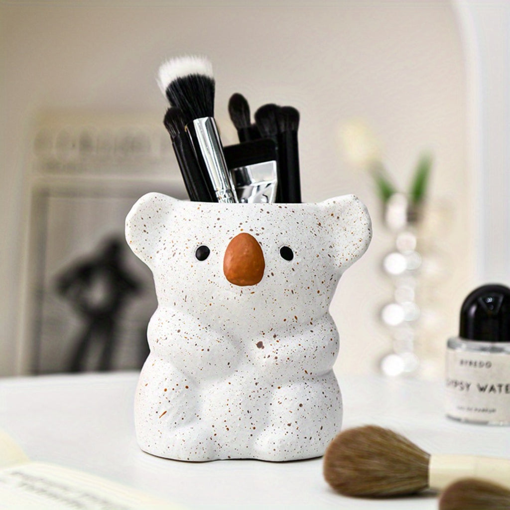 1pc Cute Koala Makeup Brush Holder & Desktop Organizer - White & Brown Bear-Shaped Storage Bin with Spacious Opening, Lightweight Painted Finish for Vanity, Office, Bathroom - No Assembly Required, Unisex Gift for Adults, Office Decor, Decorative