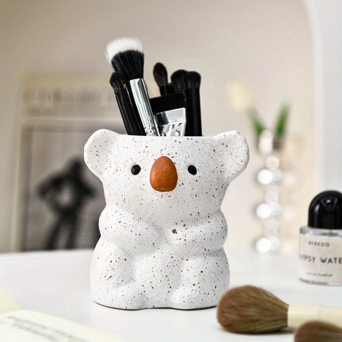 1pc Cute Koala Makeup Brush Holder & Desktop Organizer - White & Brown Bear-Shaped Storage Bin with Spacious Opening, Lightweight Painted Finish for Vanity, Office, Bathroom - No Assembly Required, Unisex Gift for Adults, Office Decor, Decorative