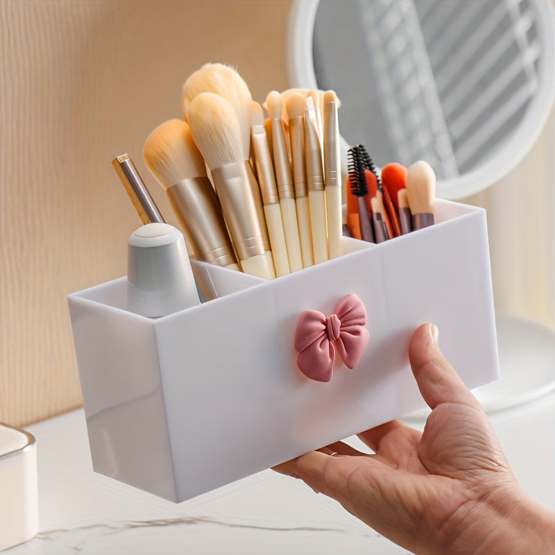 1pc, 3-compartment makeup brush storage box, eyebrow pencil and lipstick storage rack, small display box, suitable for bathroom, bedroom, pink bow, black home storage box