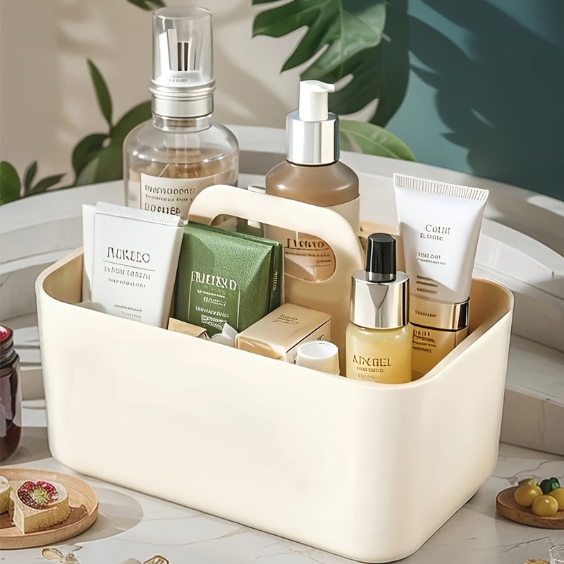 Portable Cosmetic Organizer with Handle - Beige or Teal - Lightweight Bathroom Storage Box, Open-Top Design for Vanity, Makeup, Kitchen, Desk - Durable Plastic Construction - Space-Saving Organizer Basket, Bathroom Organizers And Storage, Kitchen