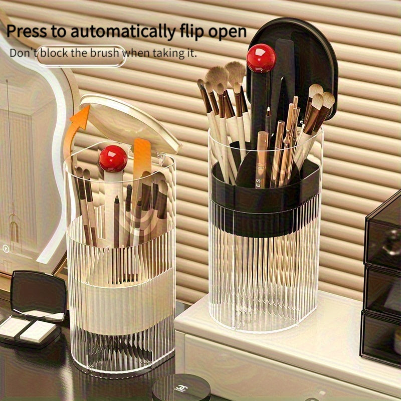 Portable Makeup Brush Organizer with Press & Dustproof Design, Automatic Up & Down Eyelash Brush Holder, Compact Plastic Desktop Makeup Storage Box for Eyeliner & Brushes, No Assembly Required