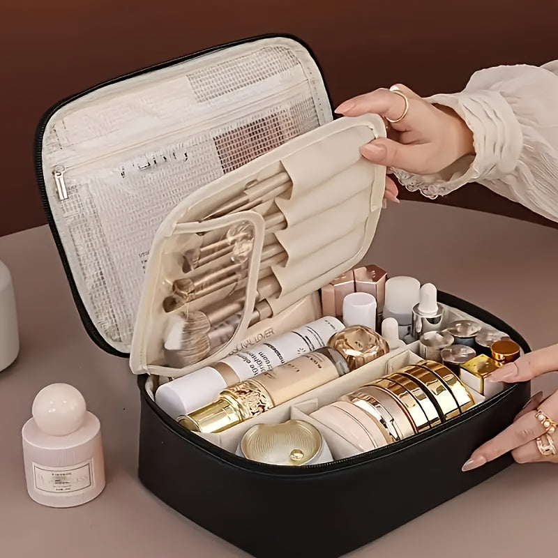 Large-Capacity Multi-Tier Cosmetic Organizer Case with Detachable Brush Storage - Synthetic Leather-like Texture Makeup Bag with Golden-Tone Hardware, Beige & Black Travel Beauty Storage Box with Multiple Compartments & Top Opening - Unisex Portable