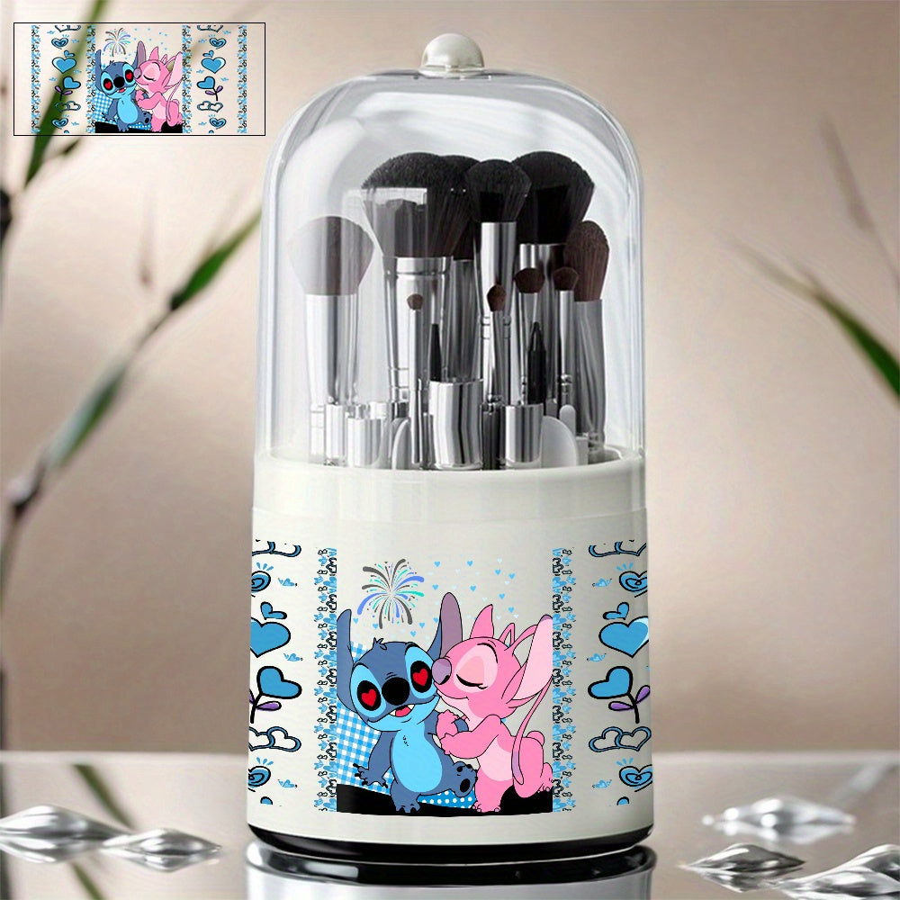 1pc Stitch & Lilo Themed Rotating Makeup Brush Organizer - Large Capacity Plastic Storage Box with 360-Degree Rotation, Ideal for Cosmetics, Stationery, and Desk Organization, Holiday Gift Idea, Desk Organization | Playful Design | Durable Plastic, Stitch