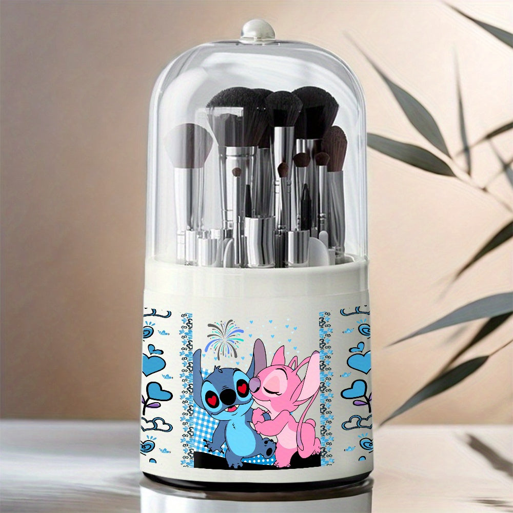 1pc Stitch & Lilo Themed Rotating Makeup Brush Organizer - Large Capacity Plastic Storage Box with 360-Degree Rotation, Ideal for Cosmetics, Stationery, and Desk Organization, Holiday Gift Idea, Desk Organization | Playful Design | Durable Plastic, Stitch