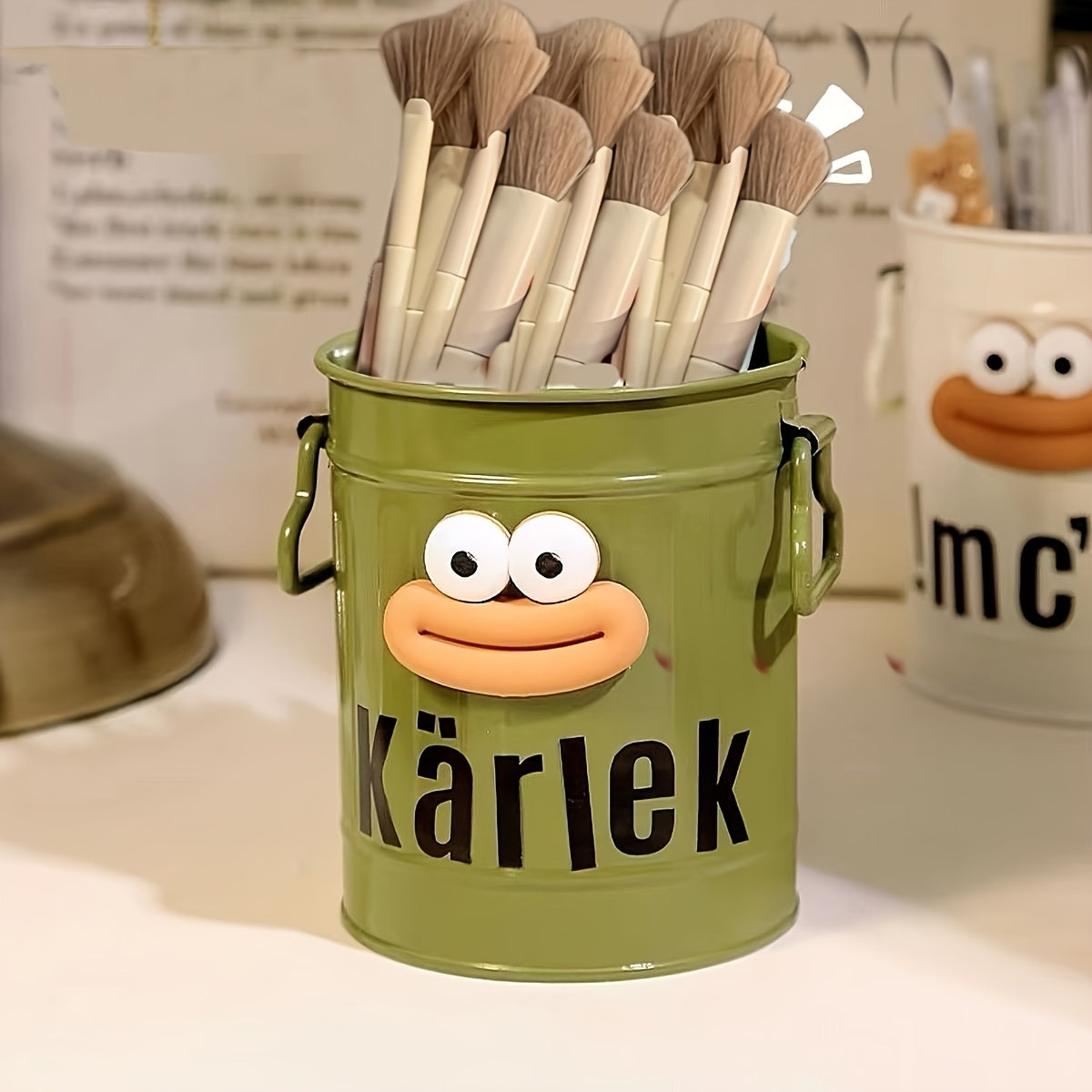 2pcs Cute Big Mouth Design Office Pencil Case Makeup Brush Storage Bucket Suitable For School, Office, Desktop Storage Gift Stickers Can Be Designed By Yourself