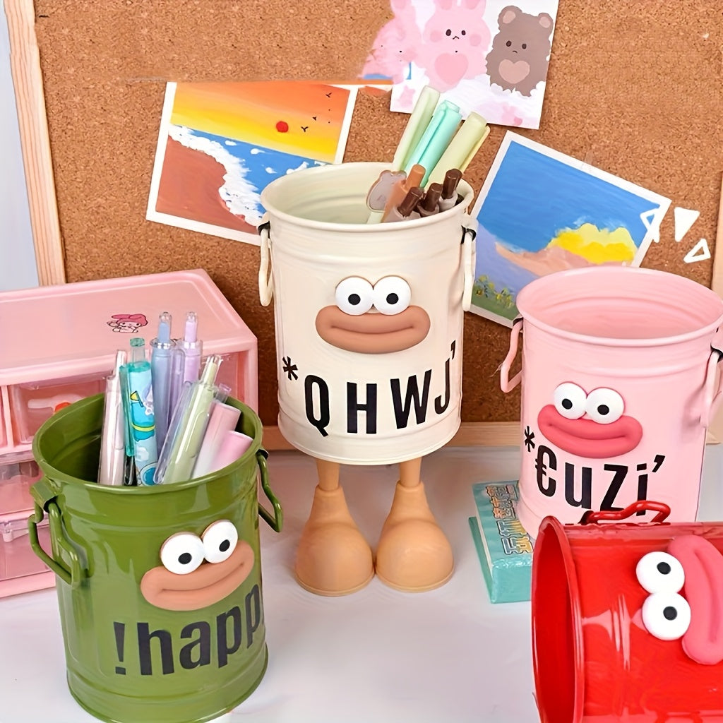 2pcs Cute Big Mouth Design Office Pencil Case Makeup Brush Storage Bucket Suitable For School, Office, Desktop Storage Gift Stickers Can Be Designed By Yourself