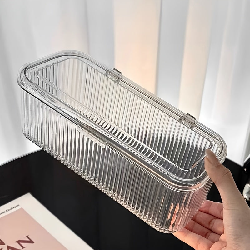 Clear Plastic Storage Box with Lid - Transparent, Stackable Organizer for Makeup Brushes, Hair Accessories, and Beauty Tools - Ideal for Bedroom or Bathroom Vanity, Makeup Storage Organizer