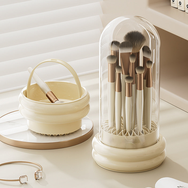 360° Rotating Dustproof Makeup Brush Organizer with Lid – Transparent Plastic Cosmetic Storage Box, Lightweight & Portable for Home or Travel, Beige Handle Design