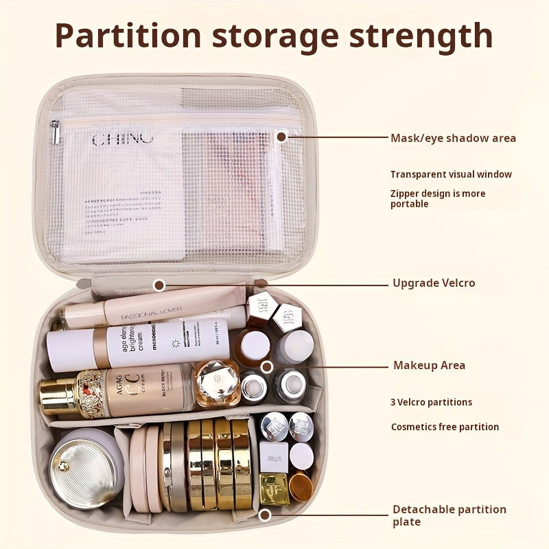 Large-Capacity Multi-Tier Cosmetic Organizer Case with Detachable Brush Storage - Synthetic Leather-like Texture Makeup Bag with Golden-Tone Hardware, Beige & Black Travel Beauty Storage Box with Multiple Compartments & Top Opening - Unisex Portable