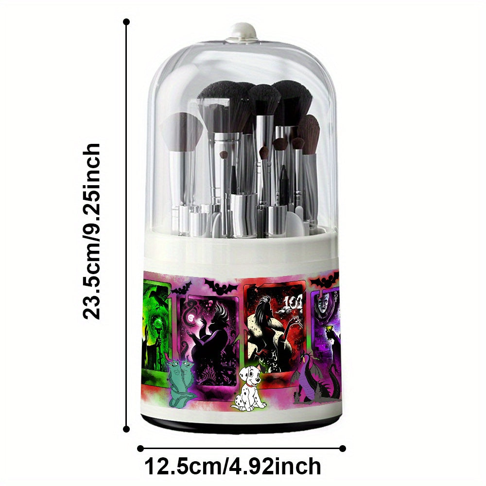 1pc Disney Fairy Tale Villains Cosmetic Storage Box - 360° Rotating Dust-Proof Makeup Organizer with Maleficent, Cruella & Jafar Art, Plastic Desktop Brush Holder for Vanity, Bathroom Counter, Dressing Table, Villainthemed Design, Clear Rotating Mechanism