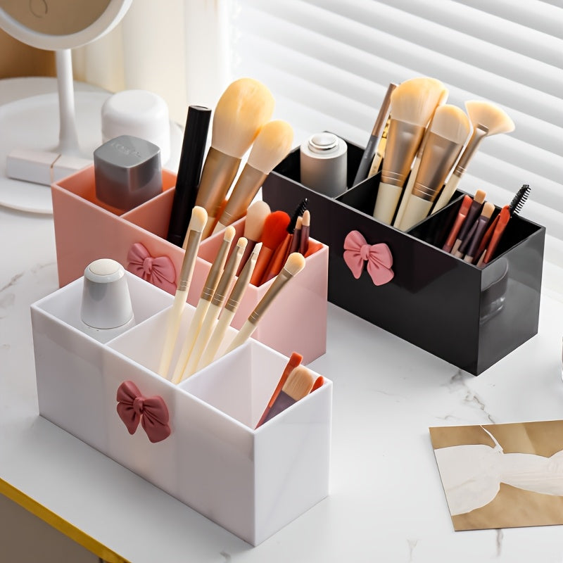 1pc, 3-compartment makeup brush storage box, eyebrow pencil and lipstick storage rack, small display box, suitable for bathroom, bedroom, pink bow, black home storage box