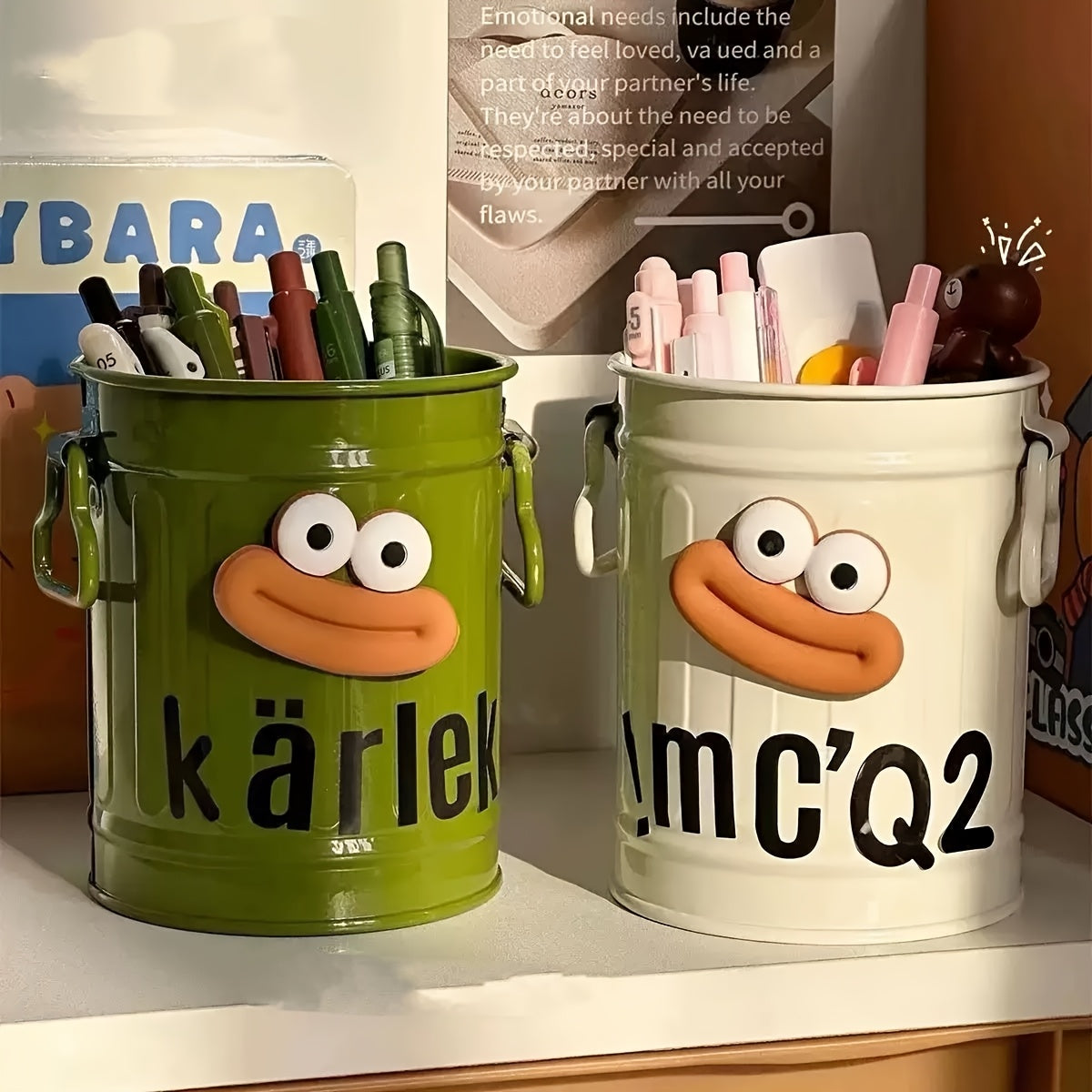2pcs Cute Big Mouth Design Office Pencil Case Makeup Brush Storage Bucket Suitable For School, Office, Desktop Storage Gift Stickers Can Be Designed By Yourself