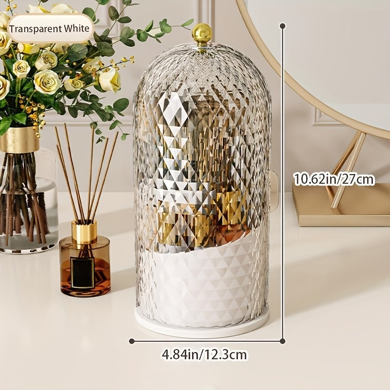 [1pc Rotating Makeup Organizer] 1pc Rotating Makeup Organizer with Cover | Waterproof, Dustproof Plastic Cosmetic Storage Box, Diamond Pattern Design | Ideal for Brushes, Skincare Products, Office Supplies, Fragrance-Free, Skincare Product Storage