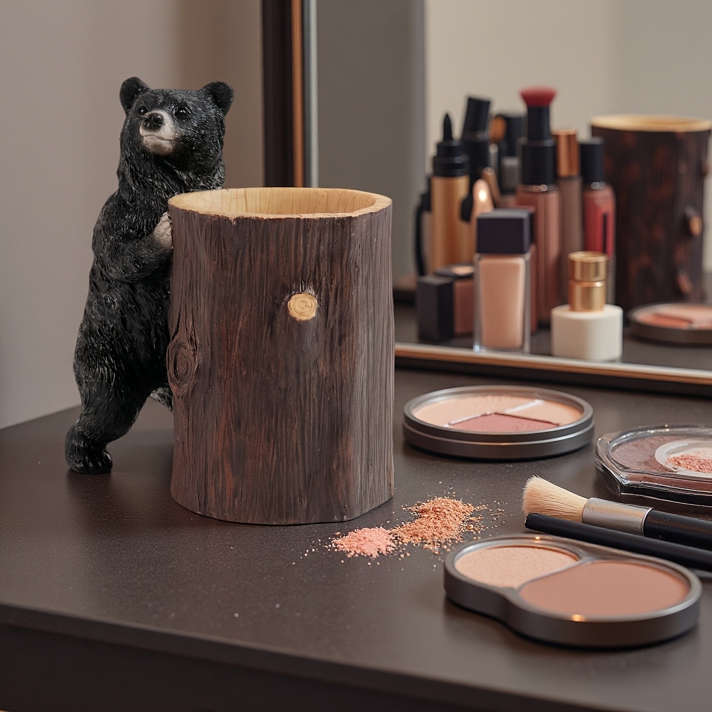 Elegant Large Bear Makeup Brush Holder - Resin Art Sculpture with Anti-Drop Design, Lightweight & Durable, Perfect for Vanity or Bathroom Decor, Ideal for 11 Festivals, Makeup Brush Holder for Vanity, Decorative, Unique, Creative, Statue, Ornament,