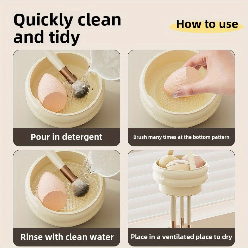 360° Rotating Dustproof Makeup Brush Organizer with Lid – Transparent Plastic Cosmetic Storage Box, Lightweight & Portable for Home or Travel, Beige Handle Design